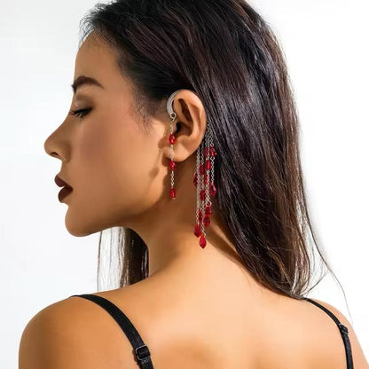 Red Crystal Tassel Dangle Earrings - Punk Metal Chain for Halloween